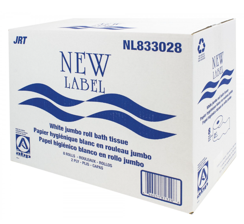 ABP-NL833028 ''NEW LABEL'' PAPIER HYGIÉNIQUE JUMBO 2 PLIS 8RLX8LBS/CAISSE