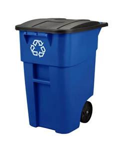 RUBBERMAID-FG9W2773 BAC AVEC LOGO RECYCLAGE SUR ROUES 50 GAL , BLEU